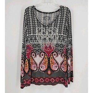 V Cristina Womens Colorful Tunic Scoop Neck Design Beaded Long Sleeve Top Sz L
